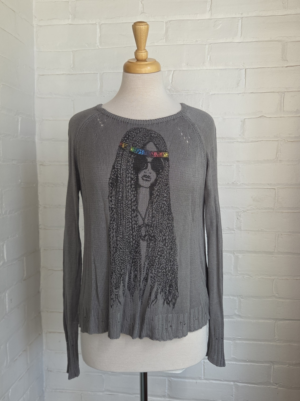 Lauren Moshi Sweater Gray Size S Hippy Dreads Peace Love Rainbow Headband
